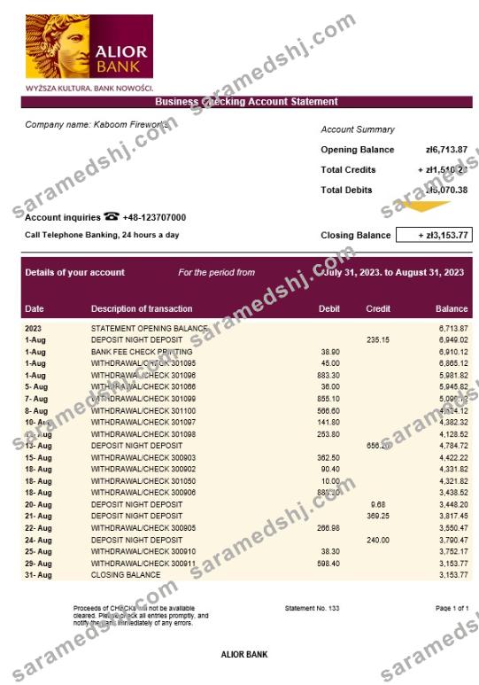 Alior Bank company checking account statement Word and PDF template